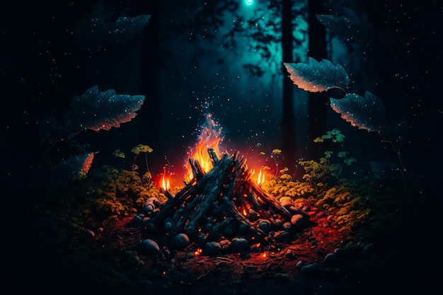 A night time shot of a small campfire burning in the middle of dense forest