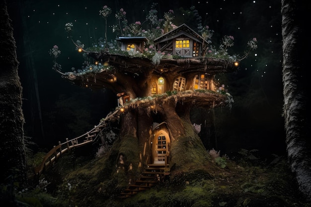 Night tree house Fantasy forest