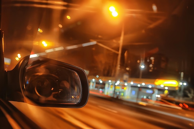 night trip on car background, abstract blurred rear view mirror urban road