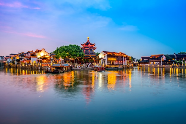 The night view of the ancient town of Suzhou mountain