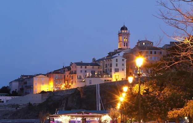 Night view to Bastia old city center Bastia is second biggest town on Corsica France Europe