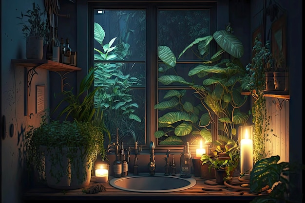 Night view of bathroom with candles and green plants on window sill created with generative ai