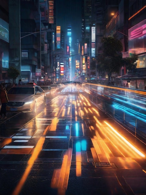 Night view of a bustling city street with car lights