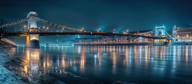 Photo night view of the chain bridge in budapest