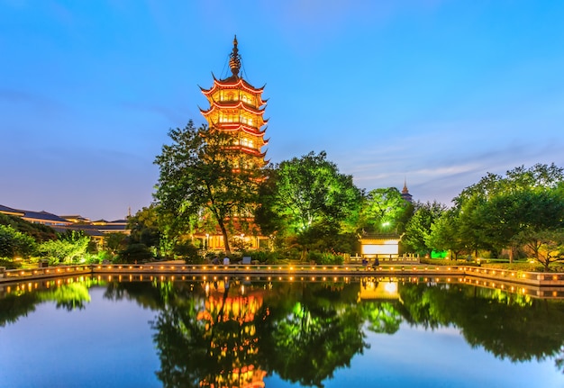 Night view of Changzhou Chinese pagoda

