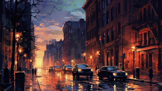 Night view of the city Bustling city street at twilight Watercolor style illustration