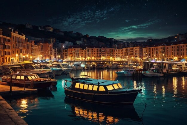 Night view of a city harbor with litup boats