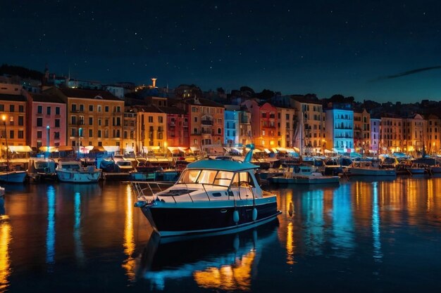 Night view of a city harbor with litup boats