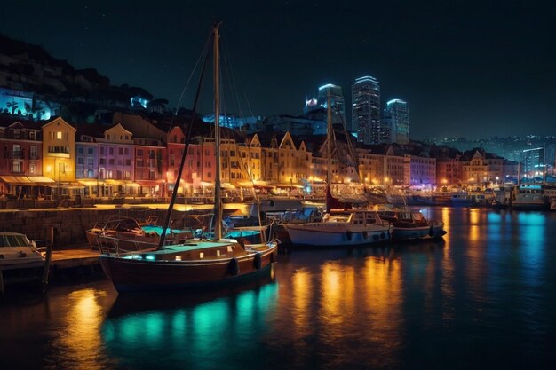 Night view of a city harbor with litup boats