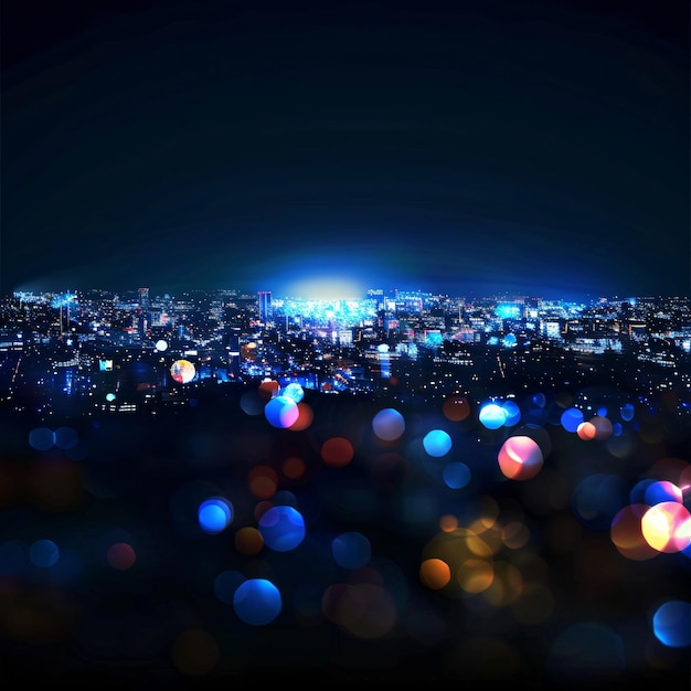 a night view of a city at night with a blue light in the middle