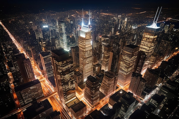 A night view of a city with a blue light on top