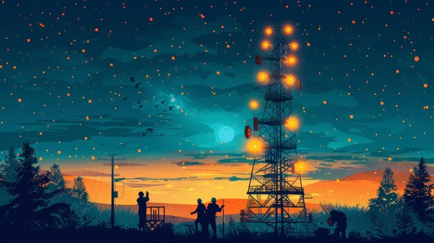 Night view of a communication tower illuminated by lights with workers carrying out maintenance Cartoon illustrations vectors