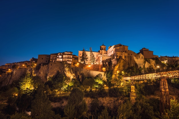 Night view of famous hanging houses in Cuenca, Spain.