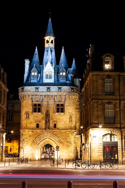 Night view of the famous and scenic Porte Cailhau in Bordeaux, Grironde, Aquitaine. France