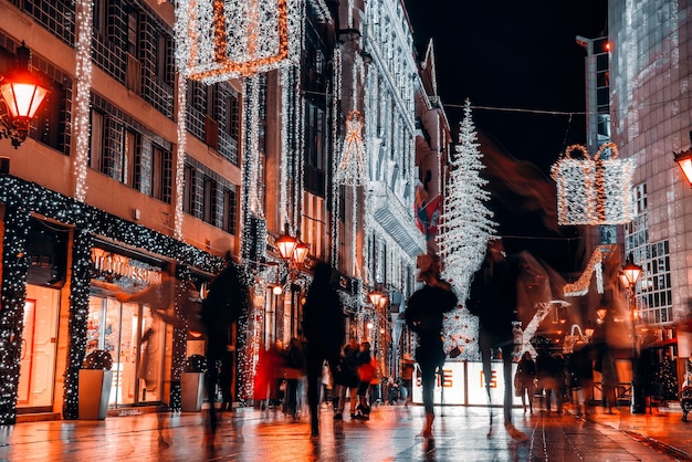 Night view of Fashion Street with festive decorations amp illumination Budapest Hungary January 05 2019