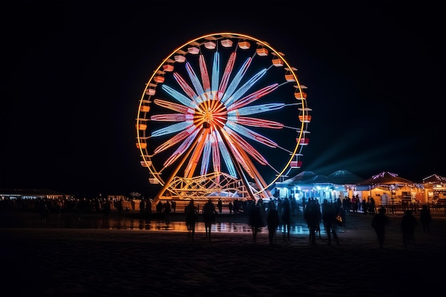 Night view of a Ferris wheel Entertainment park with colorful lights Festival atmosphere