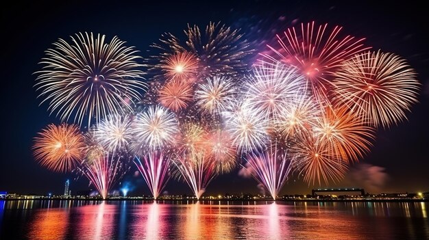 Night view of Fireworks over the city at night near the water and fireworks in the city harbor