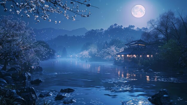 Photo night view of full moon night landscape