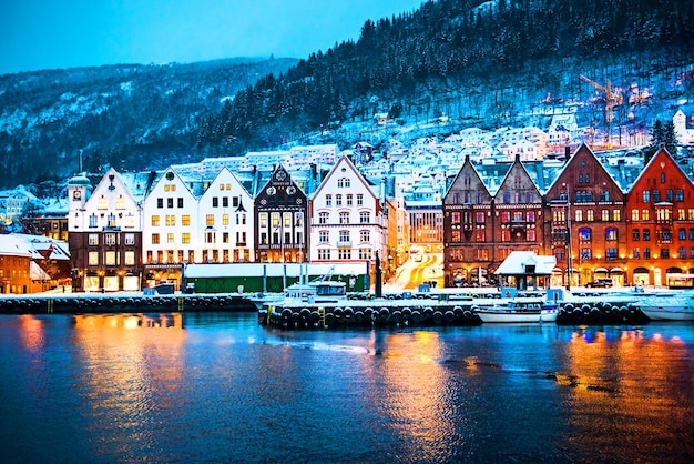 Night view on historical buildings in Bryggen - Hanseatic wharf in Bergen, Norway.