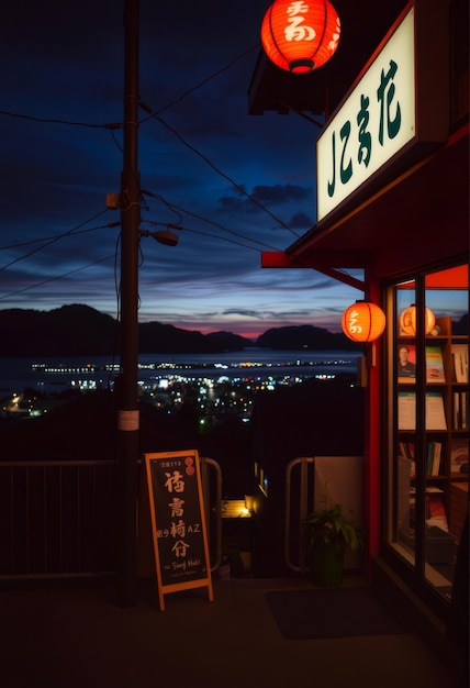 Photo night view of a japanese restaurant with a sign and red lanterns