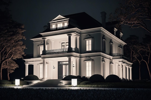 Night view of modern white house exterior of a classic house at night