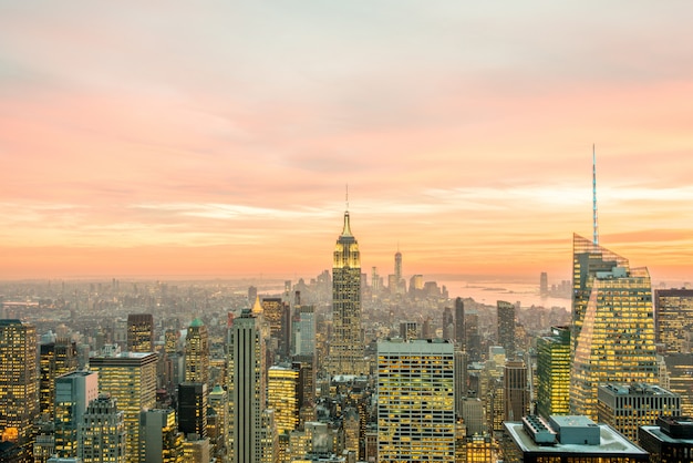 Night view of New York Manhattan during sunset