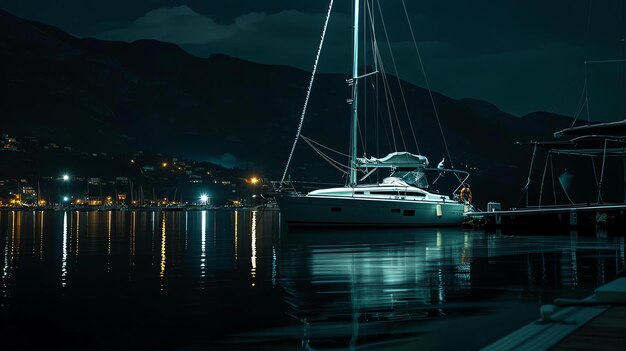 Photo the night view of a sailboat docked in a calm marina