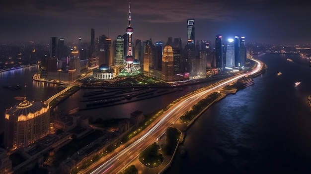 A night view of shanghai with the bund and shanghai tower in the background.