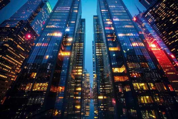 Night view of tall illuminated skyscrapers in a bustling cityscape showcasing modern architecture an