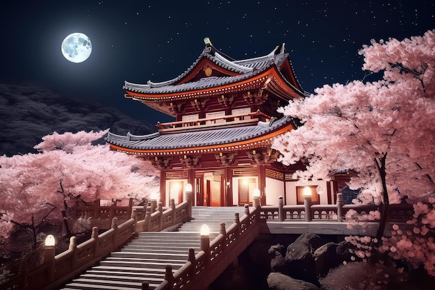 Night view of Toji Temple pagoda and giant sakura tree blossom in Kyoto Japan