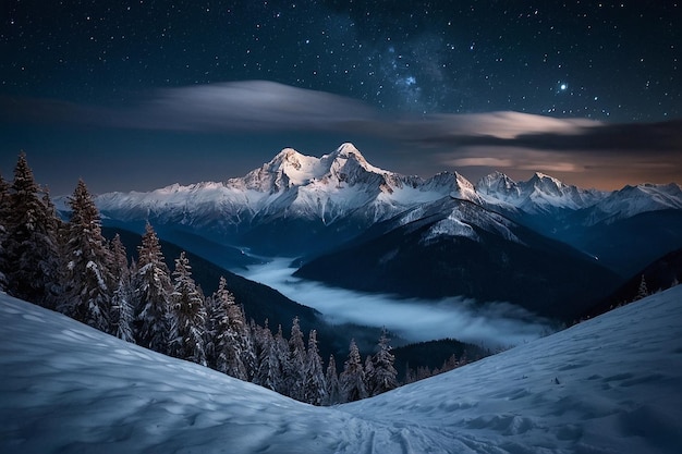 Night view of a towering snowy mountain range