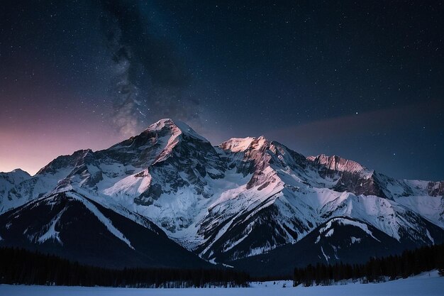 Night view of a towering snowy mountain range