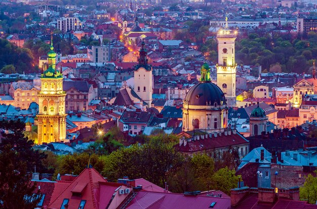 Night view of weastern european city Lviv, architecture background