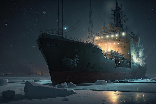 Night views of standing in harbor icebreaker and ships