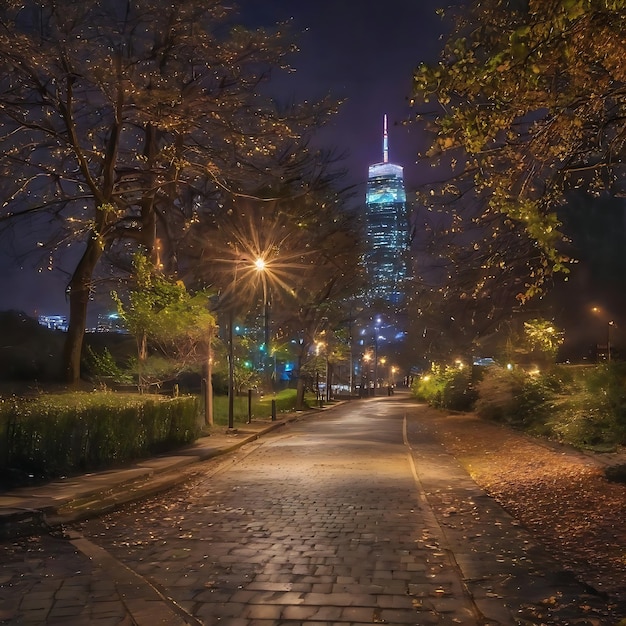 Night walk road in the park at the city view street