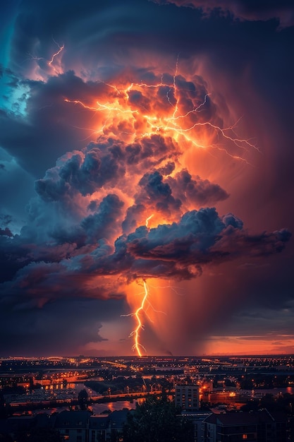 Photo night weather presents bright lightning vivid bolt against dark clouds flash and danger themes with environmental impact