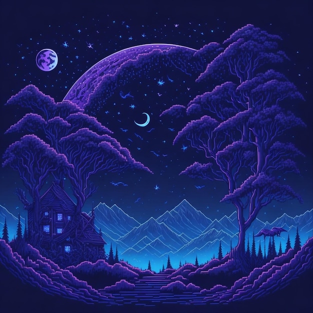 Night with moon and stars pixel art