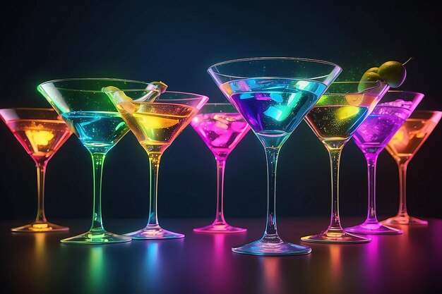 Nightclub celebration martini glass illuminated with vibrant glowing light generated by AI