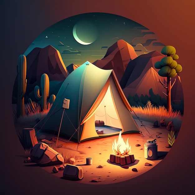 Nightfall Camping Adventure with bonefire A Realistic and High-Detail 8K Vector Cartoon ai generated