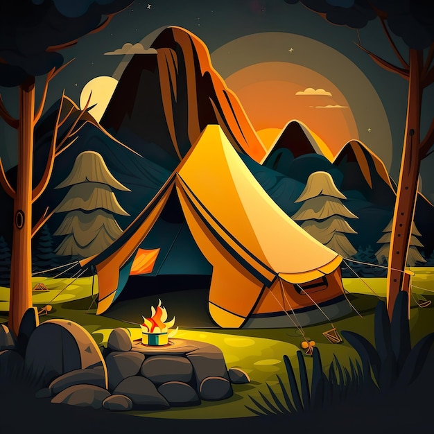 Nightfall Camping Adventure with bonefire A Realistic and High-Detail 8K Vector Cartoon ai generated