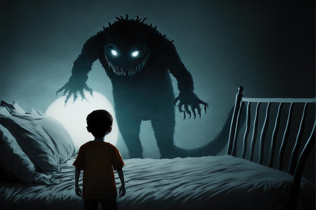 Nightmare concept showing a boy on bed facing giant monster in the dark land digital art style illustration painting fantasy concept of a boy on bed near the giant monster