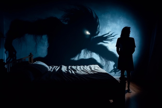 Nightmare realm A dark figure looms over sleepers an ominous presence in the sleeping room embody