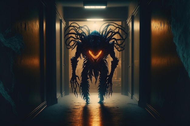 Nightmare scary monster is walking down the dark corridor of the house Big monster with glowing eyes from terrible dreams 3d render