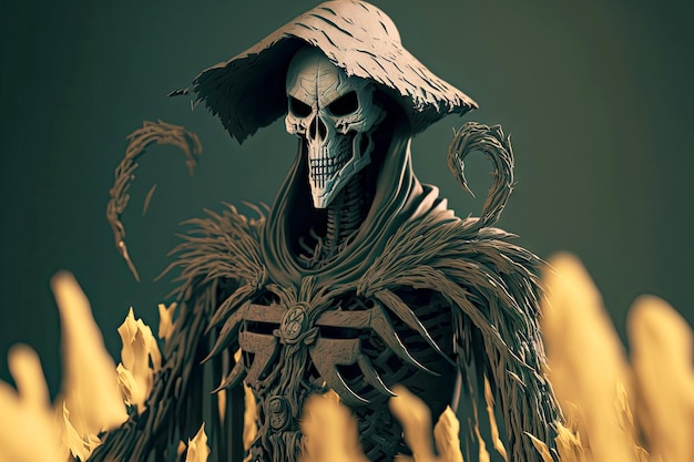 Nightmarish fearinducing scarecrow stands in field and scares away all living things