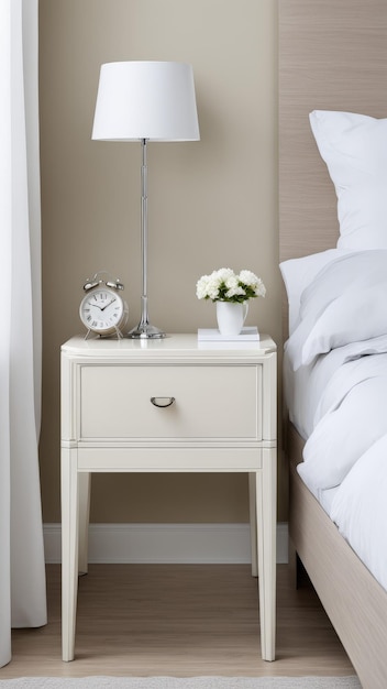 Photo a nightstand with a clock and a vase of flowers on it