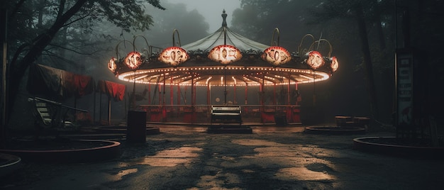 Nighttime abandoned amusement park with sanatorium ferris wheel and foggy park Background concept for Halloween