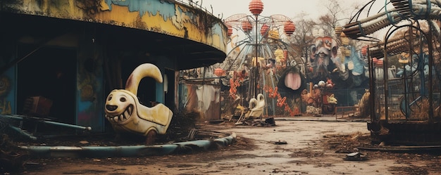 Nighttime abandoned amusement park with sanatorium ferris wheel and foggy park Background concept for Halloween