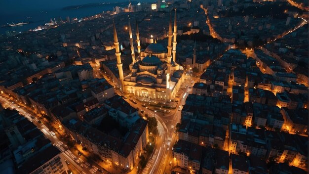 Nighttime aerial view of a lit cityscape with a mosque and bridge