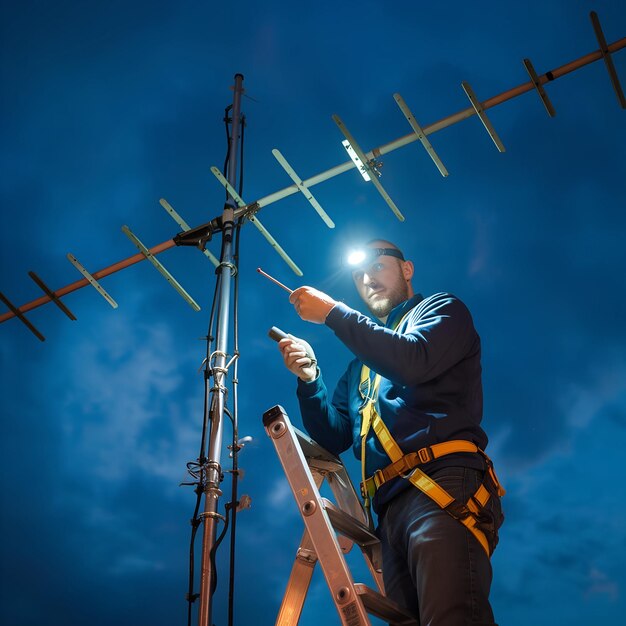 Photo nighttime antenna repair with a technician using a headlamp