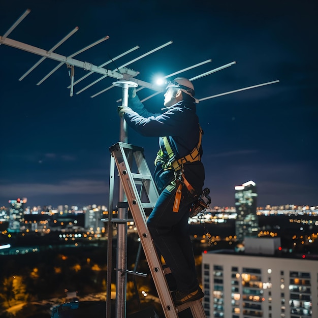 Photo nighttime antenna repair with a technician using a headlamp